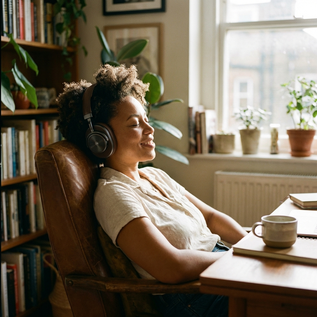 Person wearing headphones listening to a podcast