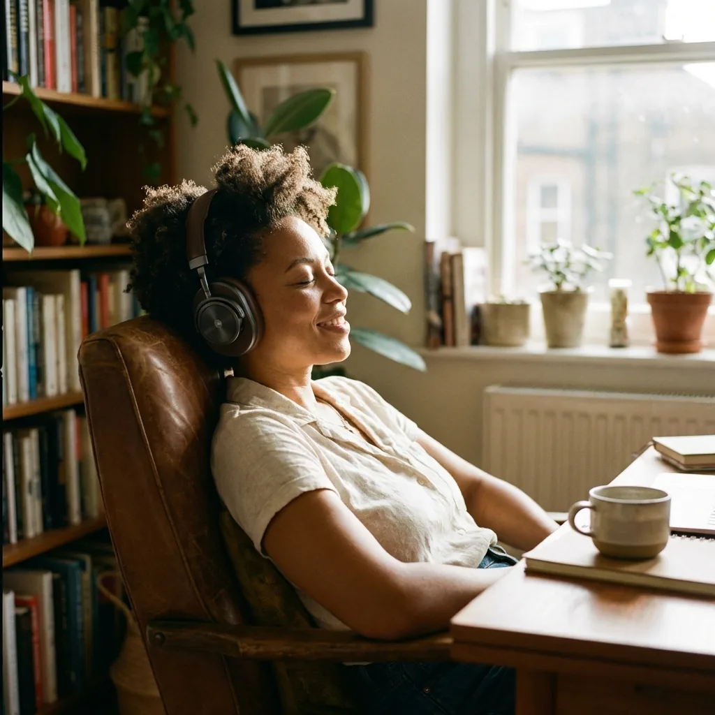 Person wearing headphones listening to a podcast
