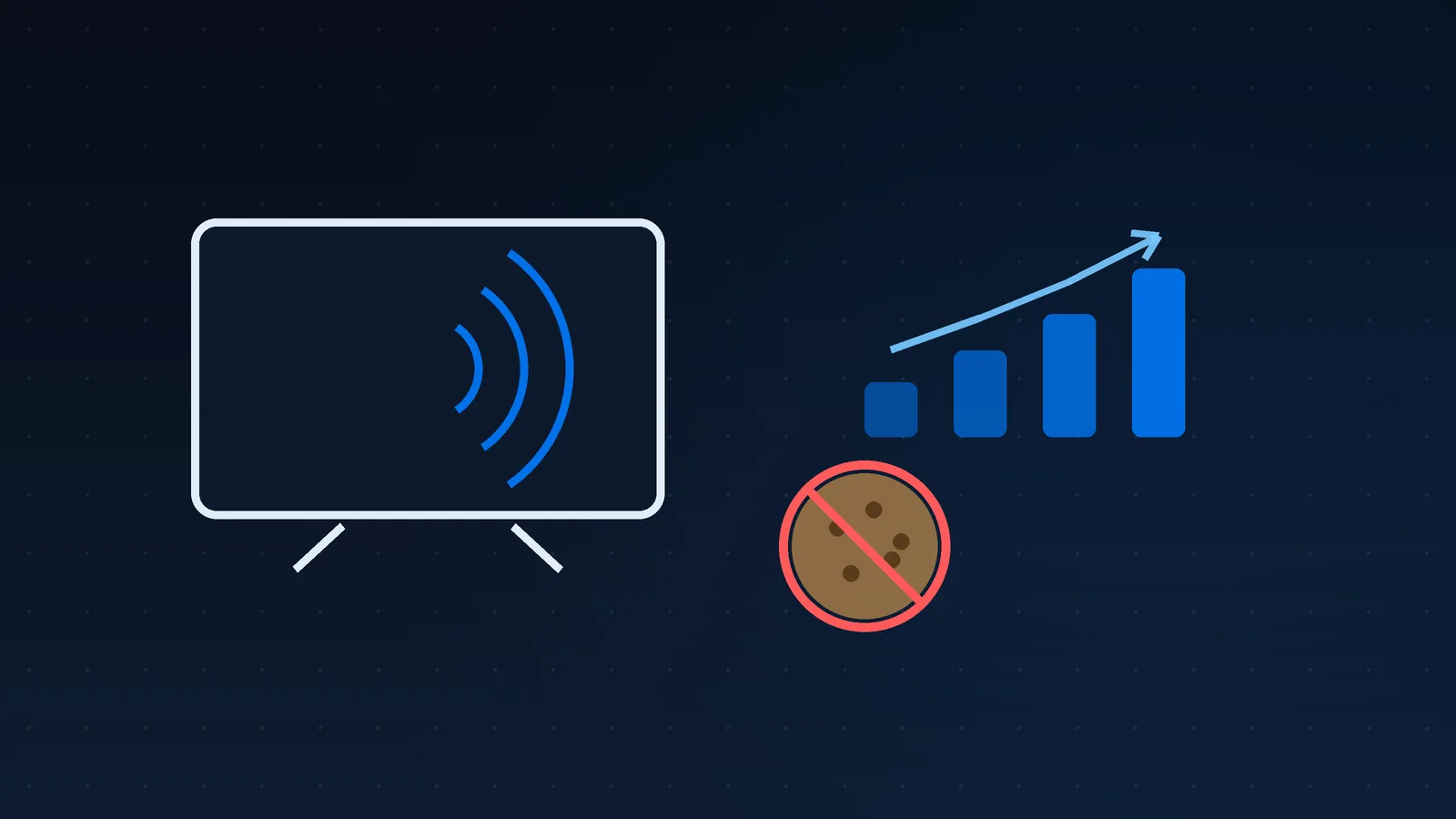 TV broadcasting signal beside rising bar chart and a crossed-out tracking cookie